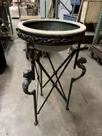Image of Stone Basin On Wrought Iron Stand